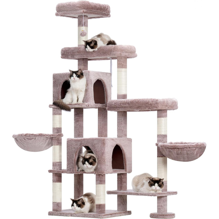 Котячий будиночок Hey-brother XXL для великих котів, 180 см. Стабільний котячий комплекс з 3 платформами, 3 великими печерами та 2 котячими будиночками, бежевий, EMPJ038MU