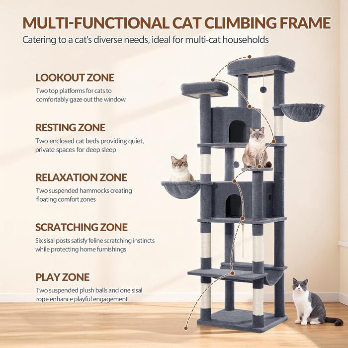 Драбина для котів Kratzbaum Groß 216 см, XXL розмір, стабільна з крізьолунами, 2 затишні будиночки, 2 платформи, 2 кошики, гамак, для дому, FPMS007FG1 (60 x 50 x 216 см, темно-сірий)