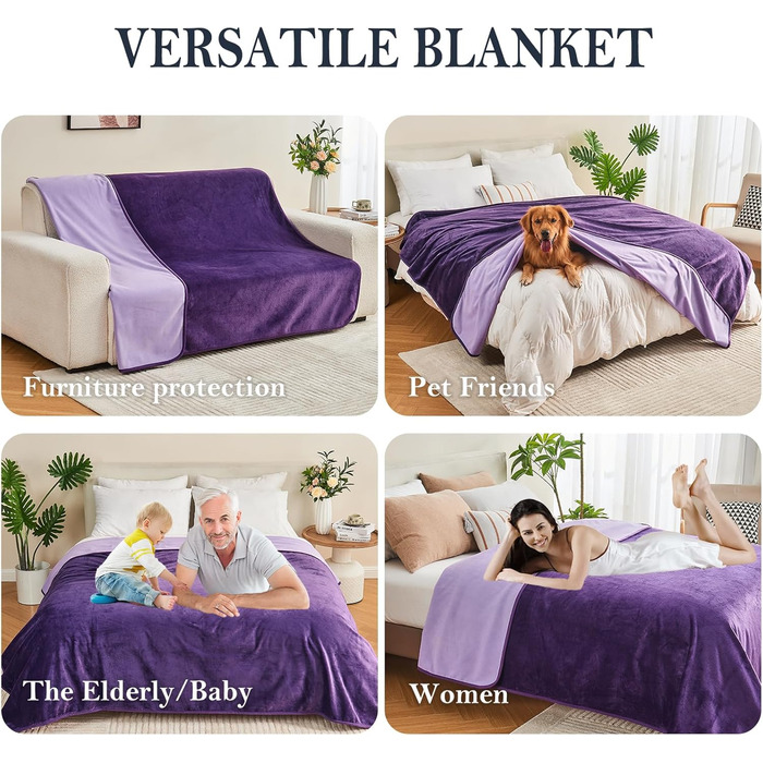 Водонепроникний плед для дорослих, двосторонній, для собак, котів, тварин, м'який, захист від протікань, для ліжка, дивана, софи, (Темний фіолетовий/Світлий фіолетовий, 101x152 см)
