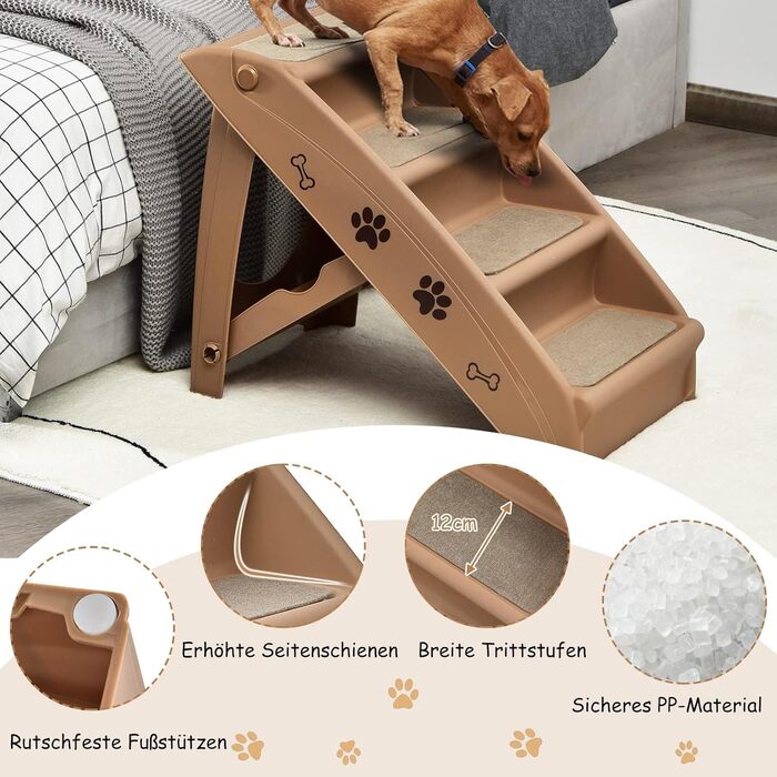 Сходинки для домашніх тварин GYMAX з 4 сходинками, складані, з пластику, з неслизькими підкладками, 4 килимками, трикутною структурою, для котів та собак (колір кавовий)
