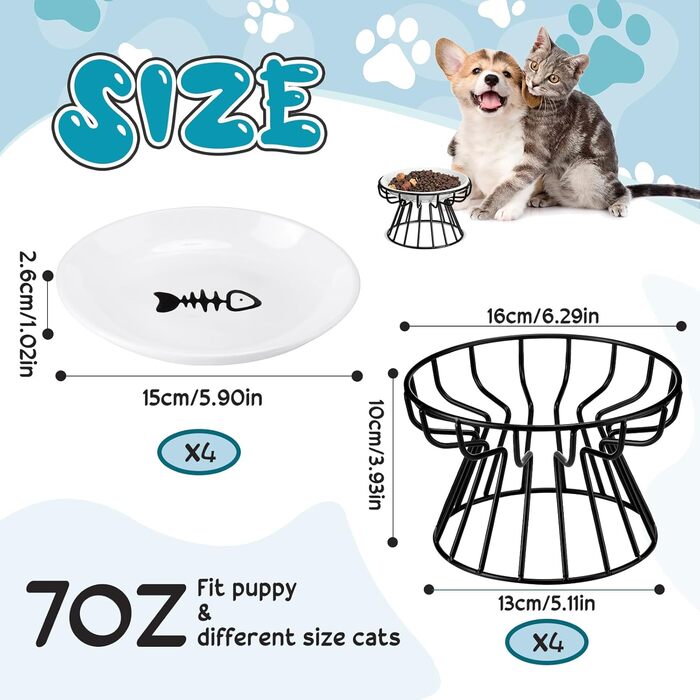 Набір мисок для котів Roshtia з кераміки на металевому підставці, 4 шт. (Чорний, візерунок 