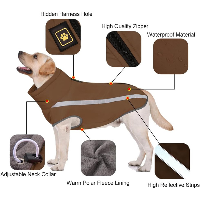 Зимовий теплий одяг для собак FeimaX: водонепроникний теплий зимовий одяг для собак з флісовою підкладкою, відбиваючими елементами, для цуценят, маленьких, середніх та великих собак, оливковий (коричневий), XXL