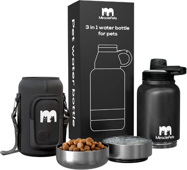 Пляшка для води Miracle Pets для собак, дорожня термобутилка 1 л, BPA-free, з мискою, аксесуари для цуценят, чорна з кришкою