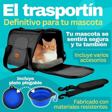 Транспортна переноска для собак та котів PEPPER, 46x35x31 см, з поїльником, подушкою та мискою для води | Переноска для тварин з вентиляцією 360° | Чорна переноска для кота та собаки