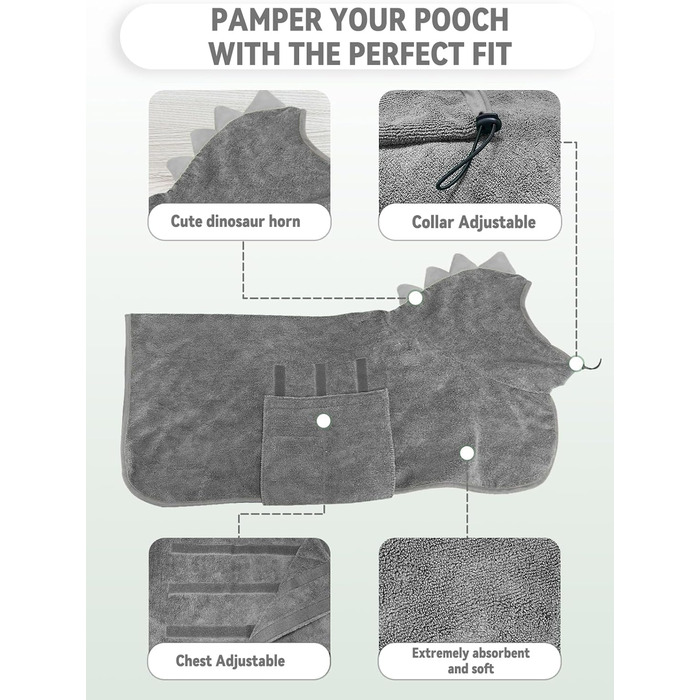 Рушник для собак JOOV E Dog Trockenmante - супер вбираючий, для сушіння після купання, м'який, регульований, для собак (S, Сірий динозавр)