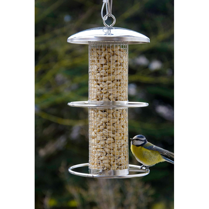 Годівниця для птахів Dobar® 10041 з нержавіючої сталі - годівниця для диких птахів, годівниця для горіхів з сіткою - сталева годівниця для саду/тераси/балкону, Ø 14 см x 26 см, срібна, 1 шт.