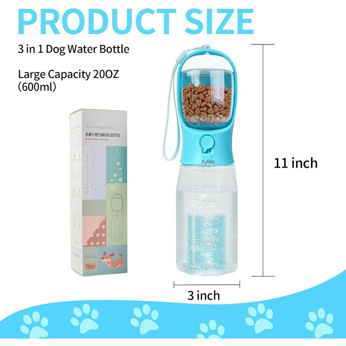 Водяна пляшка для собак Xylitic 3-в-1 з контейнером для корму та пакетиками для відходів, 590 мл, блакитна