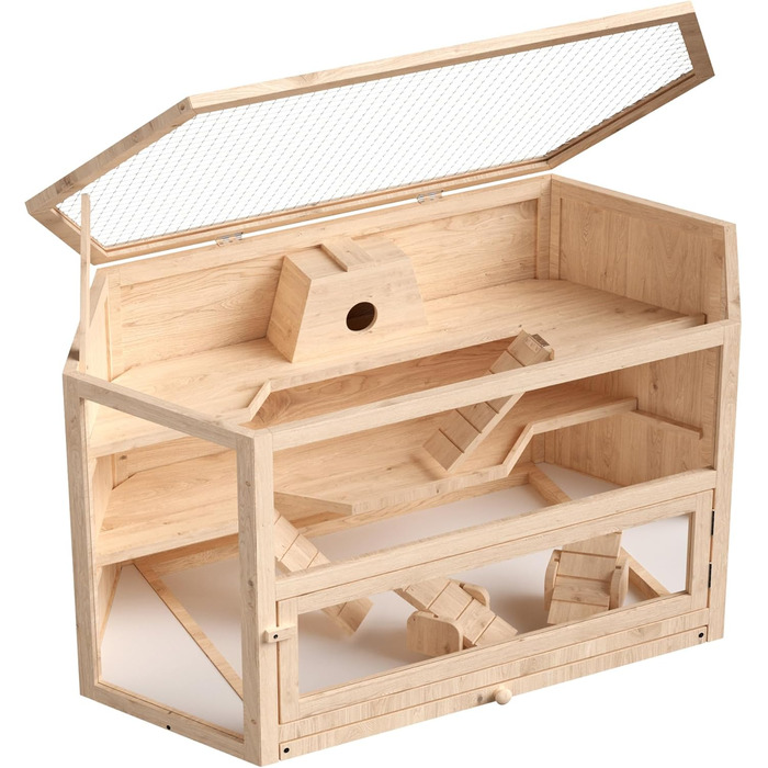 Клітка для тварин Wiltec 3-ярусна, 600x400x800 мм, дерев'яна, з відкидним дахом та оглядовим вікном, для мишей, хом'яків (116x60x59 см)
