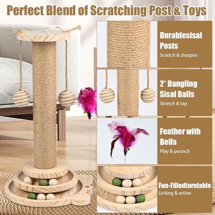 Іграшка для котів TSKDKIT: інтерактивний кігтеточки з кулями, пір'ям та м'ячами, 45 см, 2-ярусний обертовий столик, для маленьких/середніх котів