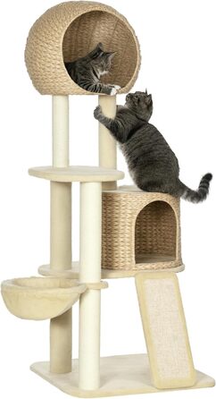Дерево для котів Pawhut 150 см з будиночком, гамаком, сизалевою колоною та рампою, захистом від перекидання, плюшем, бежеве