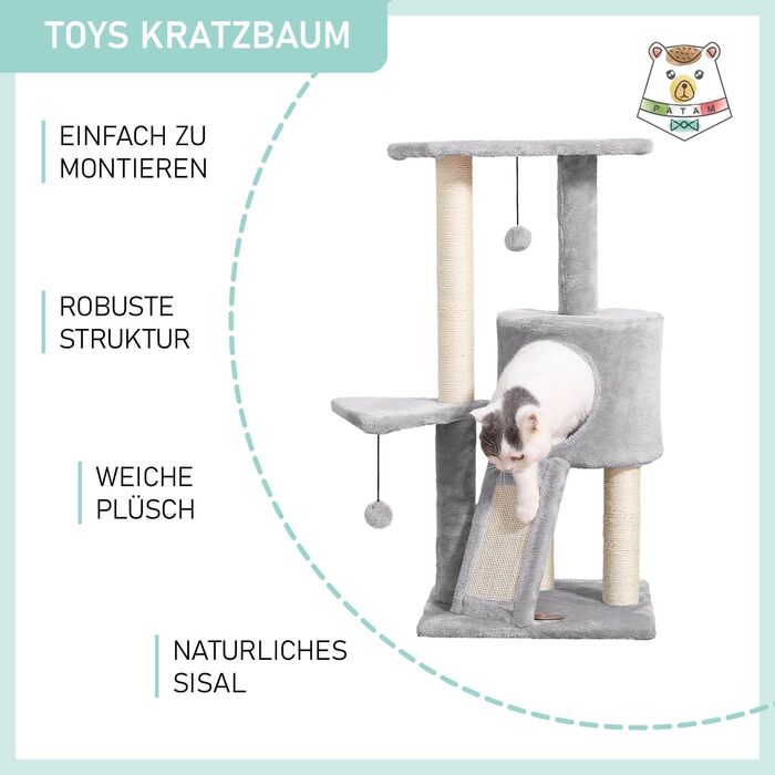 Дряпак для котів PATAM з натурального сизалю з котячою печерою та рампою, посилена основа та легка збірка – висота 83,5 см, іграшки Бежевий (Світло-сірий)