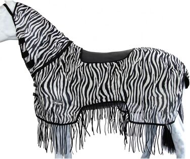 Деки для коней Marengos Zebra з бахромою, 155 см: захист від комах, з вирізом для сідла та начолею, чорно-білий колір, зовнішня деки для коней