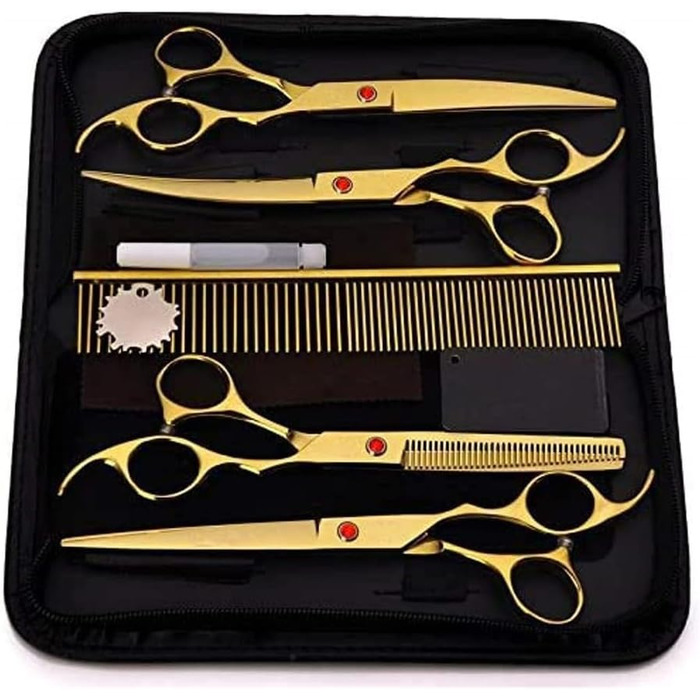 Професійна ножиця для собак, вигнута ножиця, ножиці для грумінгу собак, професійний набір ножиць для собак, прямі та вигнуті ножиці для фінальної обробки (золотий колір, 18 см)