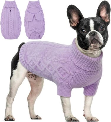 Пуловер для собак - простий та елегантний, теплий, з отвором для повідка, для середніх собак, Французький бульдог (Lila M) M(Обхват грудей 44см, довжина спини 34см), фіолетовий