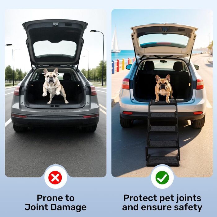 Сходинка для собак у машину, складна, до 113 кг - 5 сходинок, антиковзка, сіра (метал/тканина)