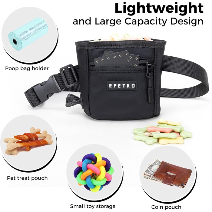 Сумка для ласощів для собак з металевим кліпом на ремінь, міцна застібка-магніт, велика місткість, диспенсер для пакетів для вигулу (чорний)
