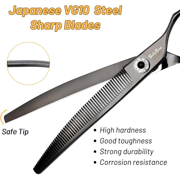 Професійна вигнута ножиця для грумінгу домашніх тварин 7.5 дюймів (19 см), 56 зубів, чорний колір, 25% тонкість