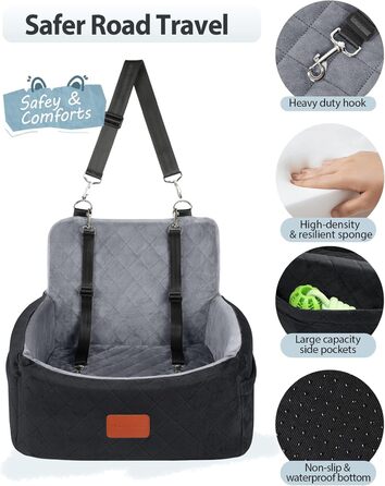 Автокрісло для собак маленьких порід, переносна лежанка для собак з memory foam, знімний та пральний чохол, автокрісло для собак з 3-точковими ременями безпеки (Чорний/Сірий, Маленький)