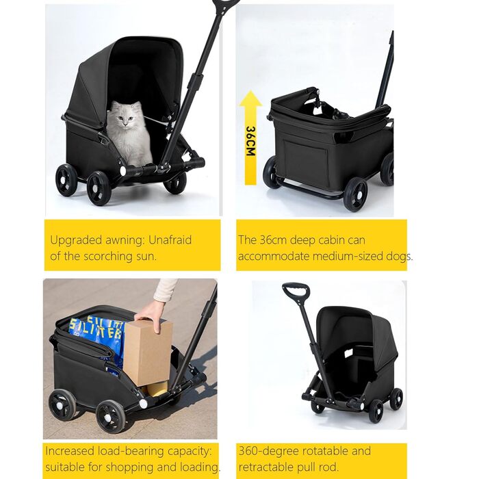 Візок для собак Loyimioo Mini - чорний, складний, з UV-захистом та поворотним ручками, для маленьких та середніх собак