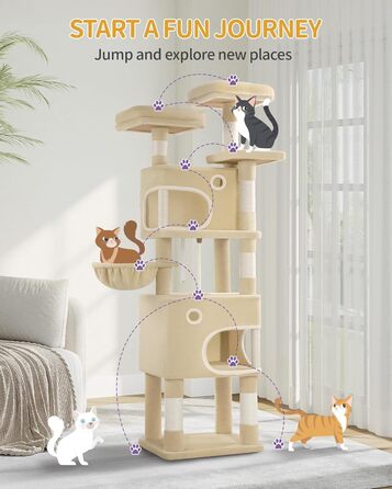 Драбина-кіготь для котів Hzuaneri MS15918YL, 159 см, бежева, з 8 стовпчиків, 3 платформ та 2 хованок