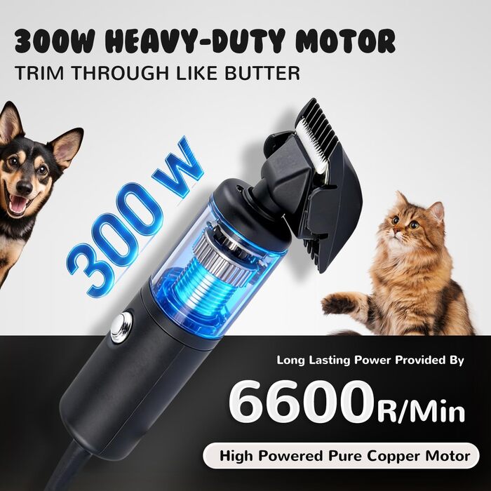Машинка для стрижки собак CGOLDENWALL 300W професійна, керамічні ножі, 2 насадки (3/6 мм, 9/12 мм), низький рівень шуму (<50 дБ), чорна