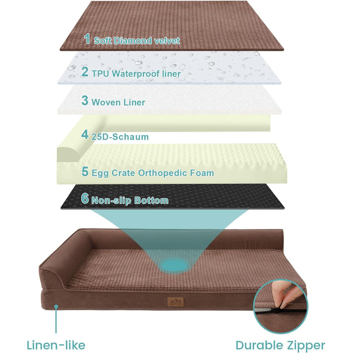 Ортопедичне ліжко для собак, 19 см товщиною, диван для середніх собак, знімний та пральний, неслизьке дно, водонепроникна підкладка, коричневий, 76x51x19 см