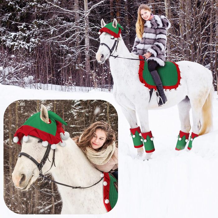 Набір з 6 шт. накладок на ноги для коня з штучним хутром, святкові, червоно-зелені, для декору та костюмів