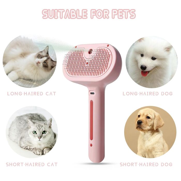 3-в-1 Парова щітка для котів та собак - видалення шерсті, гребінець з функцією швидкого вивільнення & водяний спрей, щітка для боротьби з випаданням шерсті, для довгої та короткої шерсті (Рожевий)