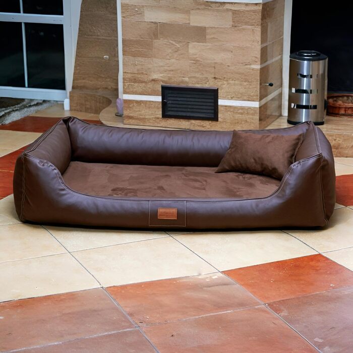 Ортопедичне ліжко для собак Tierlando® Maddox VIP з штучною шкірою-велюром, Viscomat-матрацом та неслизьким дном для максимального комфорту. Розмір: 120x85 см, Колір: коричневий