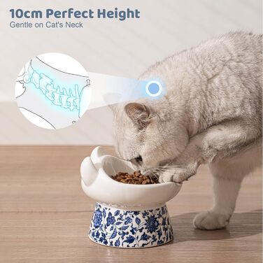 Котло propositions, Підвищена годівниця для котів TIGOADT, керамічна, широка, нахилена, проти блювоти, для кошенят та дорослих котів (блакитно-білий візерунок)