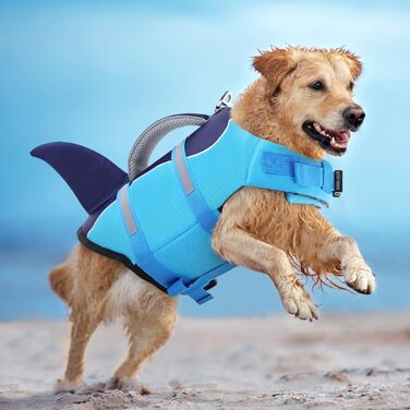 Жилет для плавання собак AOFITEE, блакитний, розмір Large, з рятувальним ручками та світловідбиваючими смугами
