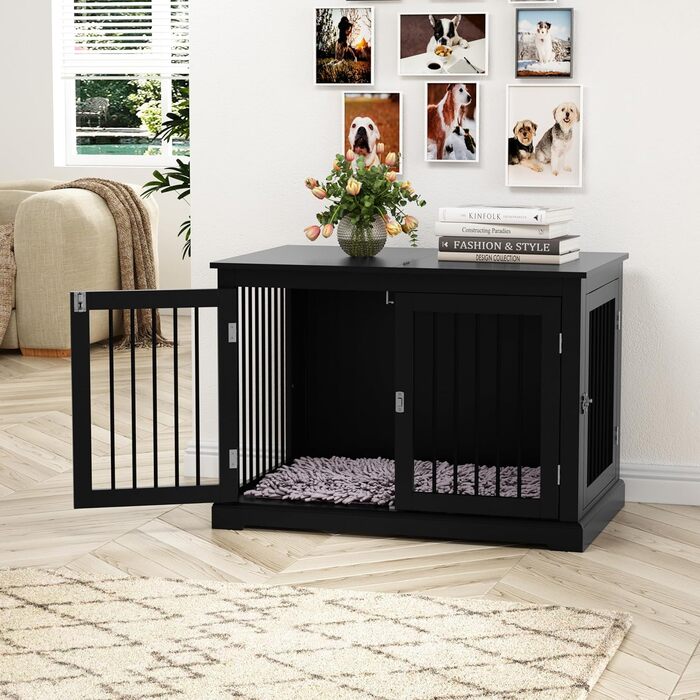 Клітка для собак HOLTICO, чорна, велика (L) з м'яким лежанком, для дому, з відкидним верхом, стильна, міцна
