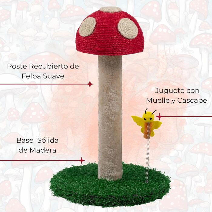 Котячий когтетоп Kratzbaum з мотивом грибів - когтетоп для котів 45 см з трьома текстурами, когтетоп-стійка, когтетоп з товстої тканини, котячі меблі, котячий когтетоп