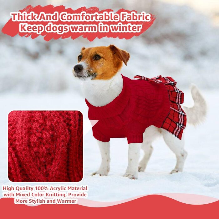 Пуловер для собак SlowTon, теплий пуловер з коміром-горловиною для маленьких та середніх собак, зимовий пуловер з отвором для повідка, червоний в клітинку, розмір S