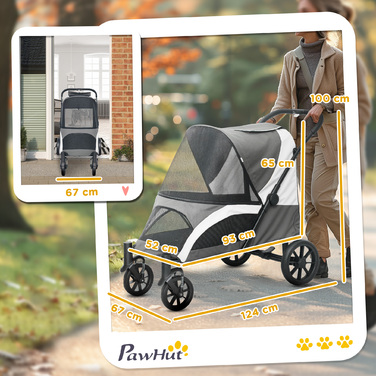 PawHut Dog Stroller Dog Buggy Foldable для великих собак і кішок до 30 кг Cat Buggy з подушками Сітка Вікна Двері Сумка для зберігання Котяча коляска з тросами безпеки, гальмами, баггі Темно-сірий | Аосом