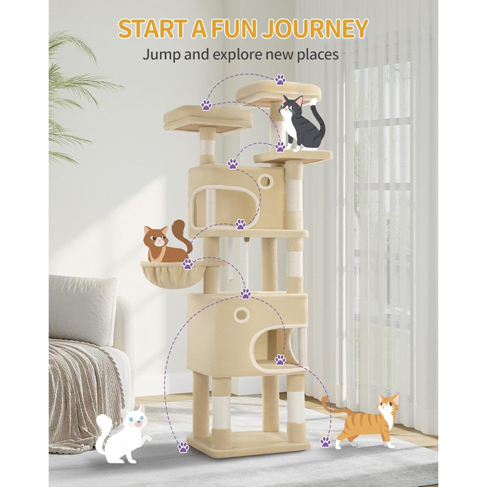 Драбина-кіготь для котів Hzuaneri MS15918YL, 159 см, бежева, з 8 стовпчиків, 3 платформ та 2 хованок