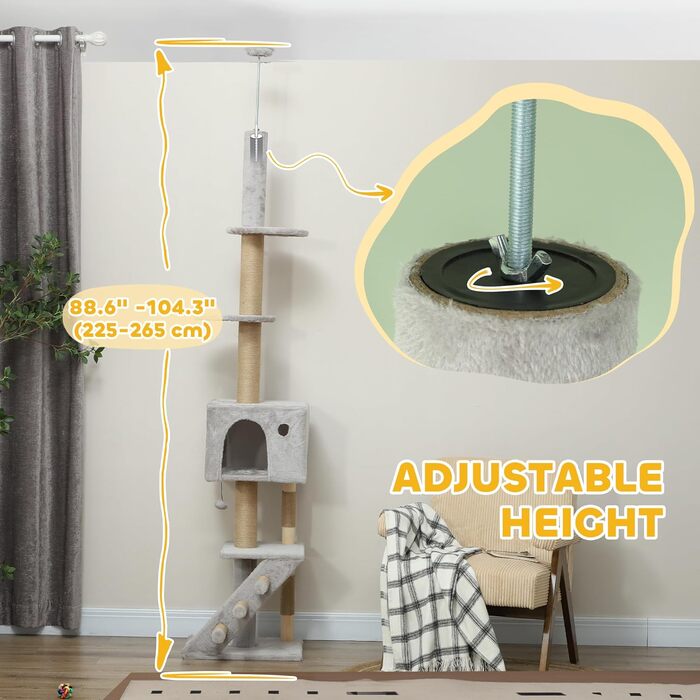 Кігтеточка PawHut Boden bis zur Decke для котів, 225-265 см, з регульованою висотою та платформами, сіра