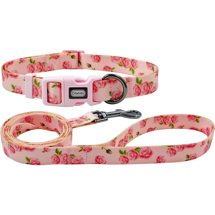 Нашийник та поводок для собак Olahibi Kombi-et, леопардовий принт, поліестер, 150 см, повід, для маленьких собак (колір коричневий леопард), набір (рожевий)