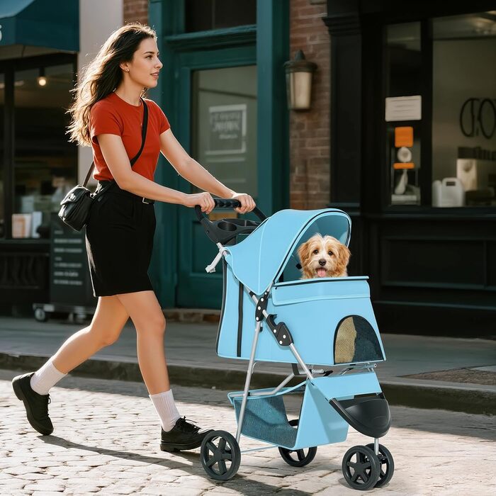 Дитяча коляска для котів та собак, 3 колеса, складний бугі для тварин, 13.6 кг, з кошиком та тримачем для напоїв, м'ятний колір