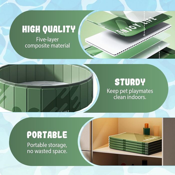 Складний басейн для собак, 80 см, 20 см, темно-зелений. Портативний басейн для собак та котів для дачі та саду. Міцний, надувний, для активного відпочинку.