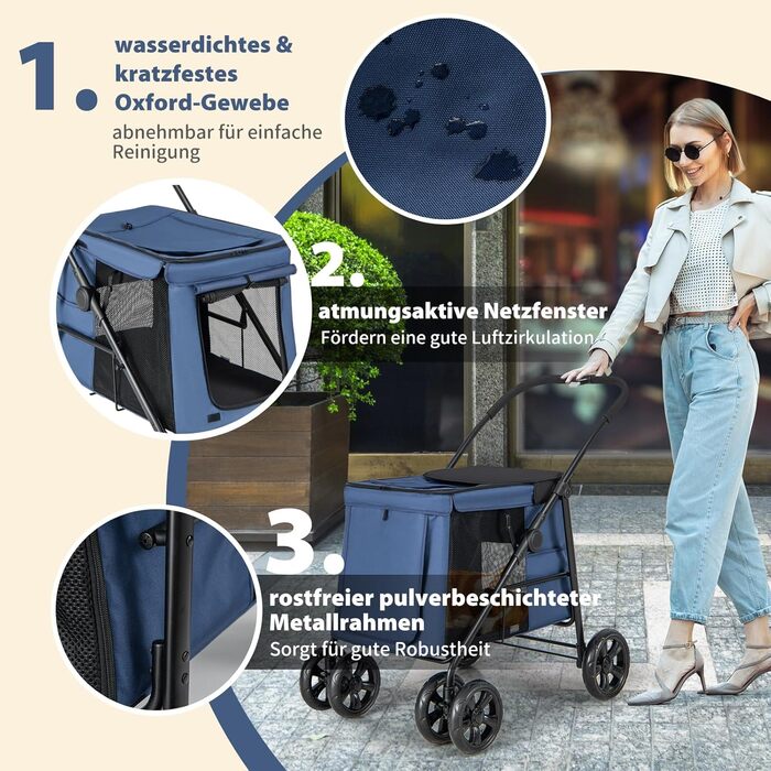 Візок для собак COSTWAY, розкладний, до 40 кг, з подушкою, з сітковими вікнами та верхньою полицею, з 2 дверима та бічними кишенями, для собак та котів (Блакитний)