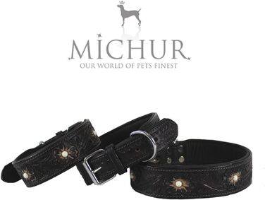 Шкіряний нашийник для собак MICHUR Pablo, коричневий, з тисненим квітковим візерунком і білим каменем, різні розміри