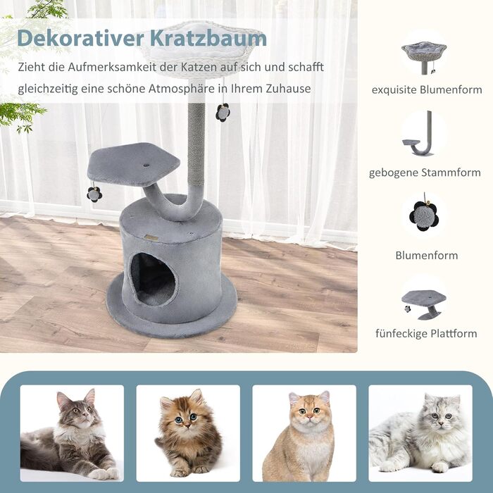 Дерев'яний кігтеточки для котів Costway 106 см з будиночком та лежанками, 2 м'ячики, сірий