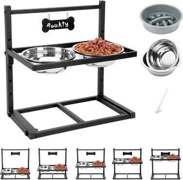 Підвищені годівниці для собак з повільним годуванням, 5 рівнів регулювання, антиковзкий, міцний металевий каркас, непромокальний килимок, стійкі до іржі миски, легко миються, висота: 42 см (для великих собак, сірий)