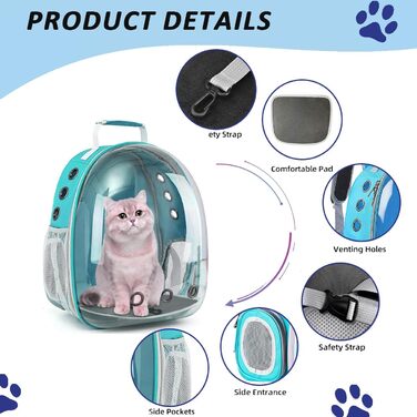Рюкзак-переноска для котів та маленьких собак, з розширеною передньою частиною, прозоре вікно, блискавка, для подорожей та піших прогулянок (Світло-блакитний)