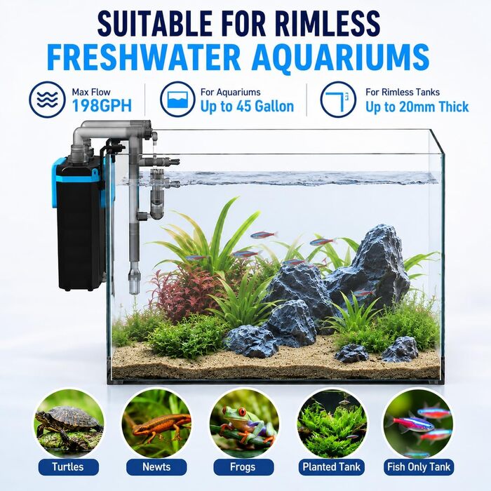 Фільтр для акваріума FZONE Aquarium-Rückfilter 4-ступеневий для міні та нано акваріумів, 106 GPH, з регулюванням потоку та насадкою-дощом (L)