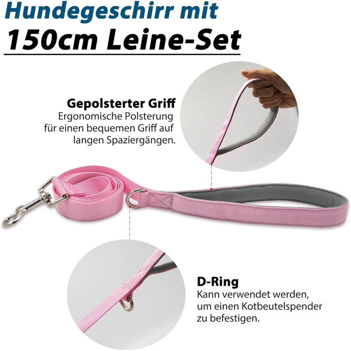 Нашийник для собак Wuffley з повідком, безпечний нашийник від вислизання, анти-тяговий нашийник з ручкою та світловідбиваючими елементами, легкий, регульований нашийник для середніх собак (рожевий, XS) Дуже маленький рожевий