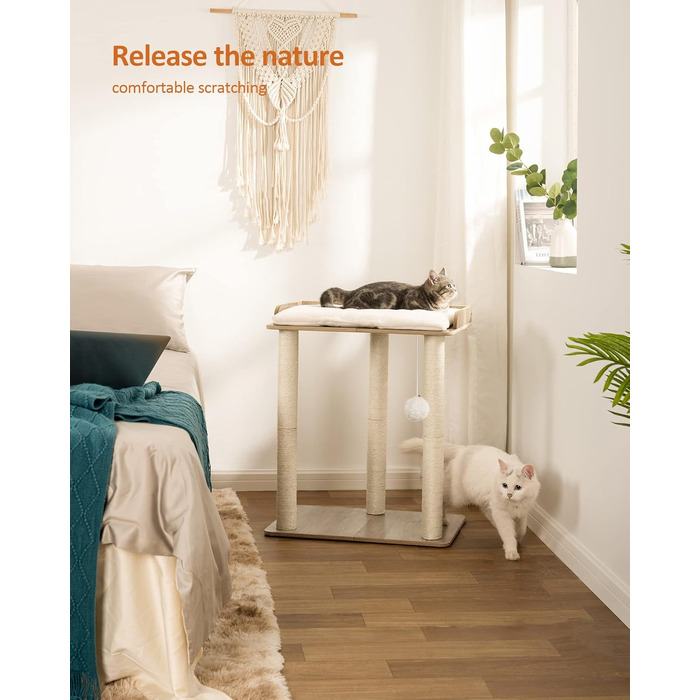 Дерев'яний комплекс для котів FourFurPets, 68 см, з трьома сизалевими стовпчиками, платформами 56x40 см, колір Greige