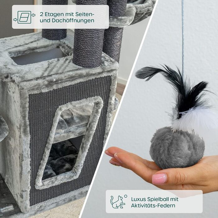 Дряпка для котів HAPPYPET Pepper 157 см, преміум XXL, для великих котів, з натуральним сизалем, будиночком та лежанками, сірий