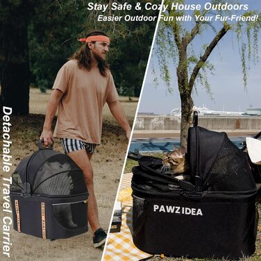PAWZIDEA Візок для собак 4-в-1, переноска для котів, чорний. Візок для тварин до 33 кг, швидко складається, з капюшоном Easy-Lock